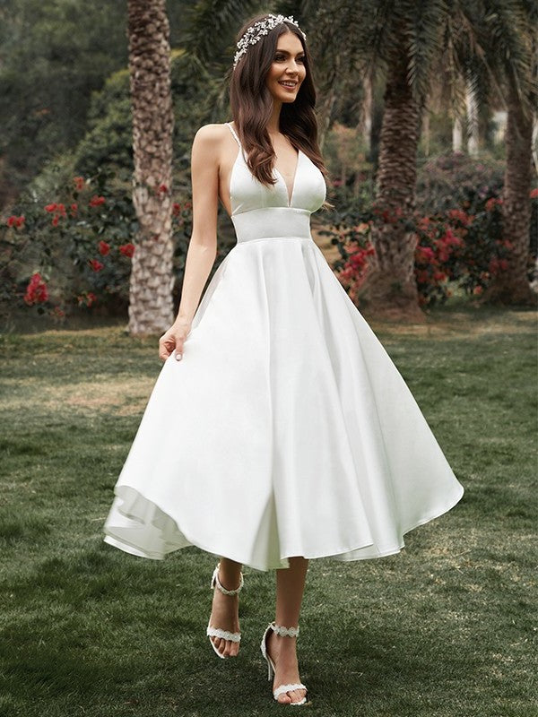 Ruffles Sleeveless Satin V-neck A-Line/Princess Tea-Length Wedding Dresses