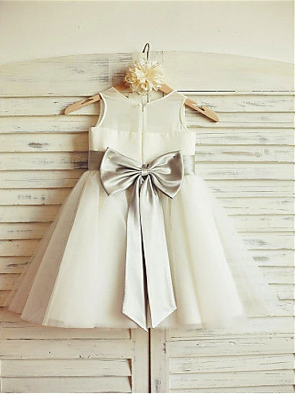 Sleeveless Bowknot A-line/Princess Tea-Length Scoop Tulle Flower Girl Dresses