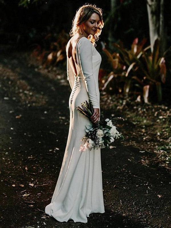 Sheath/Column Long Floor-Length Stretch Jewel Sleeves Ruffles Crepe Wedding Dresses