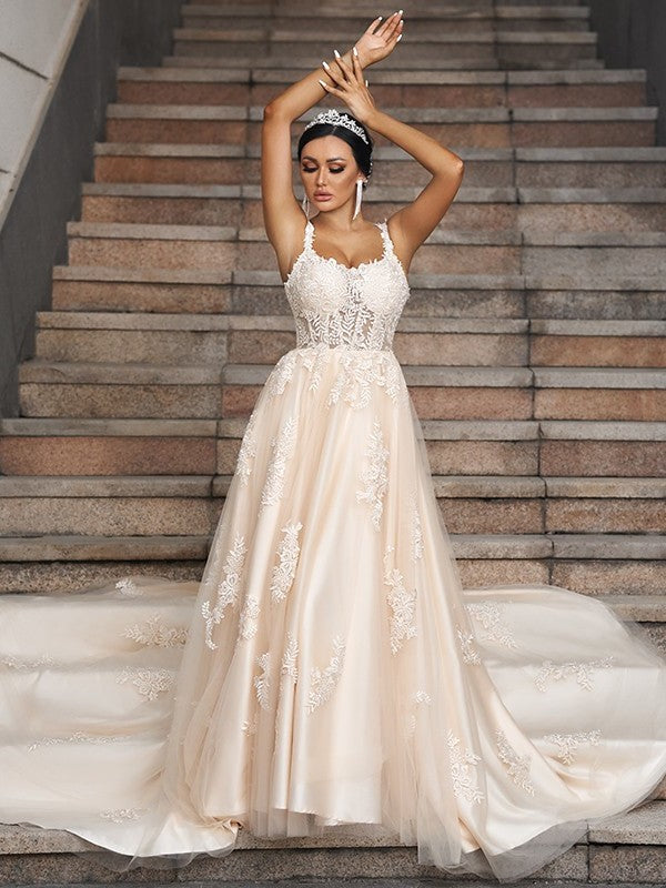 Sleeveless Applique A-Line/Princess Court Straps Tulle Train Wedding Dresses
