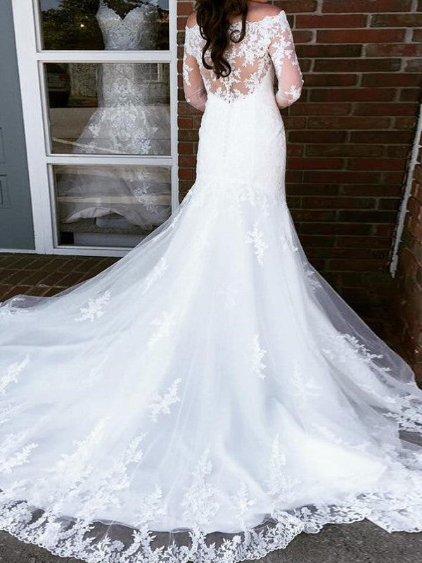 Trumpet/Mermaid Cathedral Applique Tulle Sleeves Off-the-Shoulder Long Train Wedding Dresses