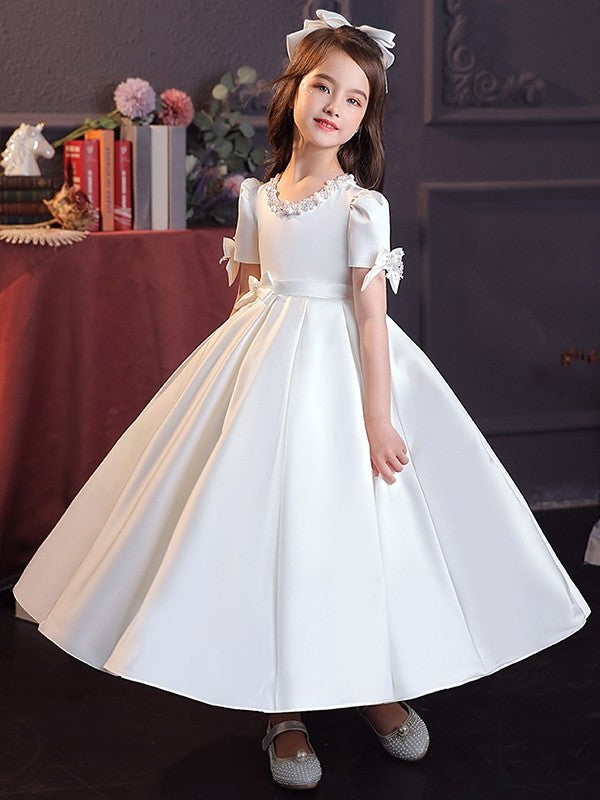 Bowknot Satin Jewel Sleeves Short Tea-Length A-Line/Princess Flower Girl Dresses