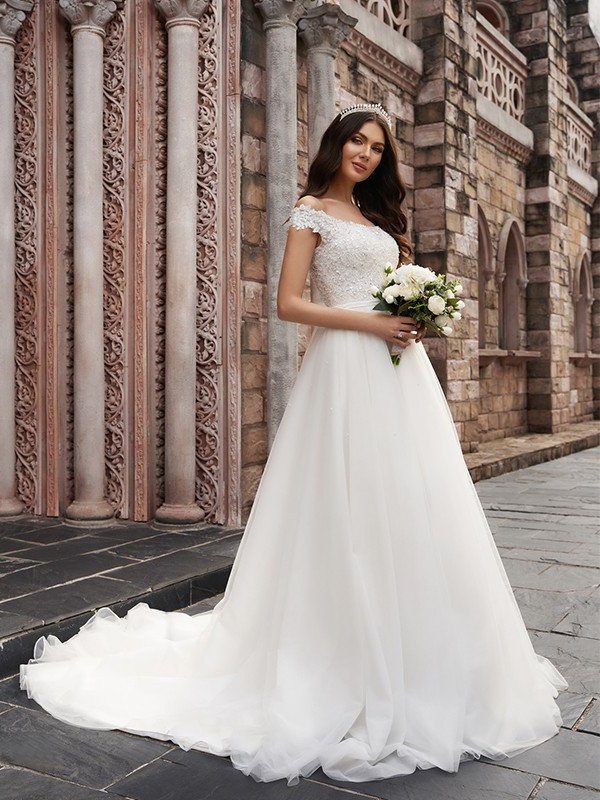 A-Line/Princess Court Tulle Applique Off-the-Shoulder Sleeveless Train Wedding Dresses