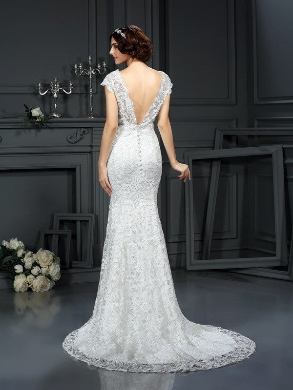 Trumpet/Mermaid V-neck Lace Sleeveless Long Lace Wedding Dresses