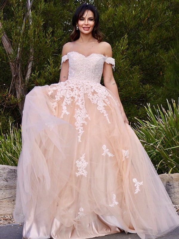 Applique Off-the-Shoulder A-Line/Princess Tulle Sleeveless Floor-Length Dresses
