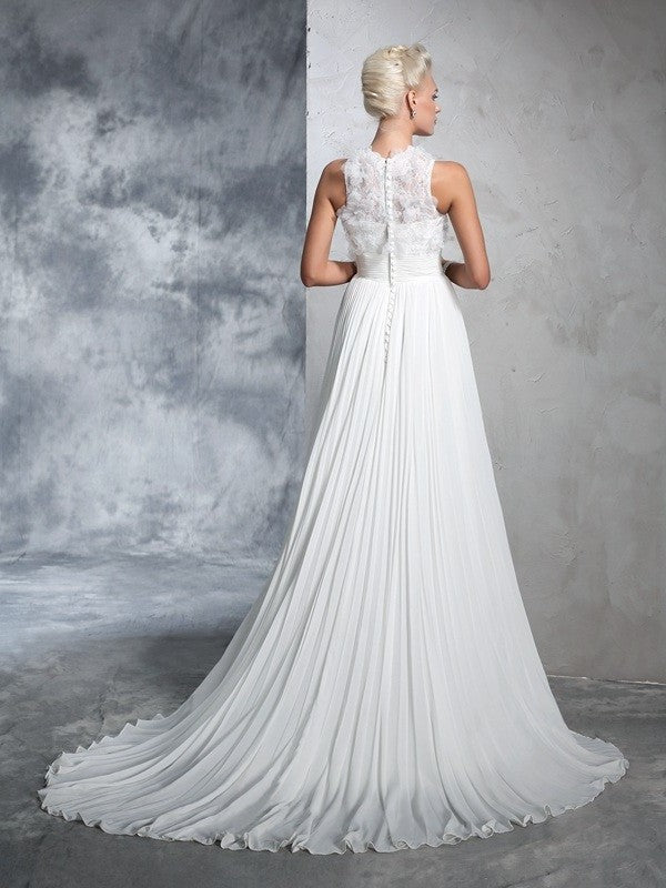 A-Line/Princess Pleats Neck Long Sleeveless High Chiffon Wedding Dresses