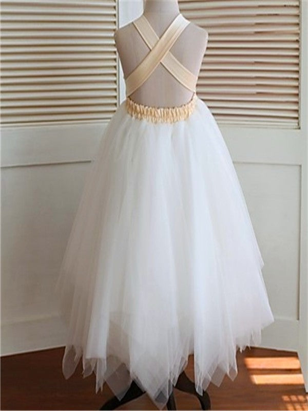 Ball Tea-Length Gown Tulle Straps Hand-made Flower Sleeveless Flower Girl Dresses