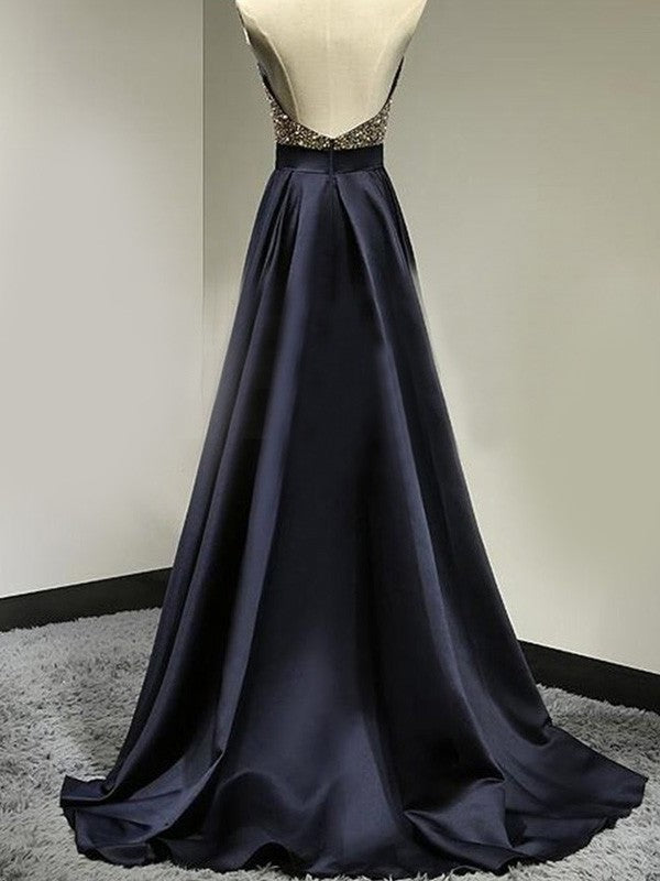 Sleeveless Satin A-Line/Princess Halter Floor-Length Beading Dresses