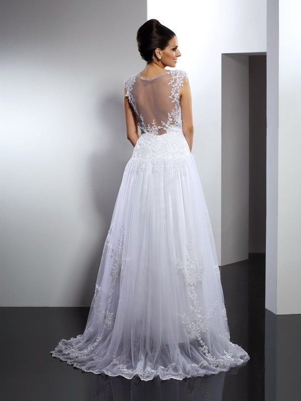 Sleeveless Applique A-Line/Princess Long Straps Lace Wedding Dresses