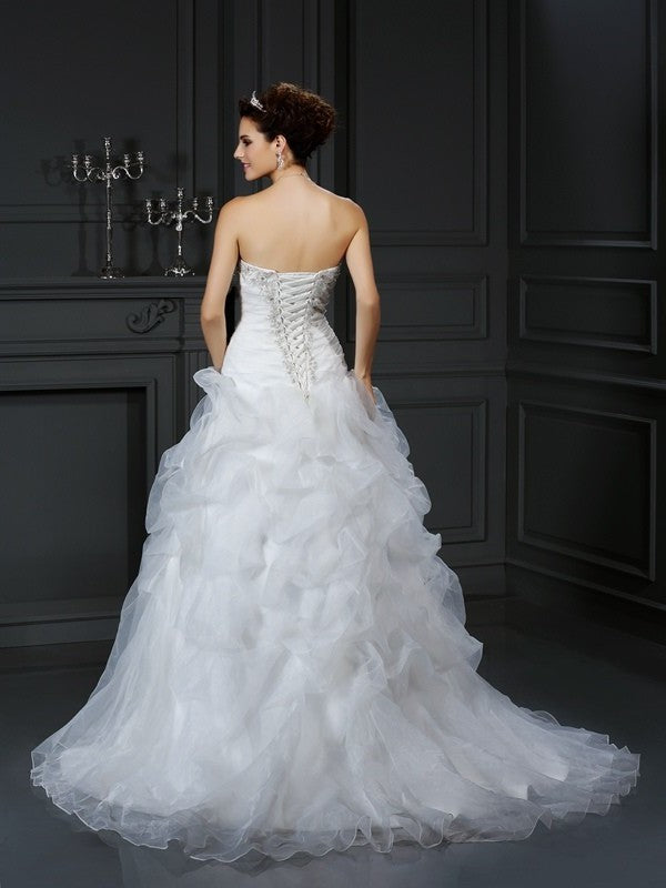 Gown Sleeveless Ball Long Strapless Beading Organza Wedding Dresses