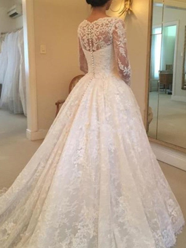 Gown Ball Cathedral Train Sleeves Ruffles Long Scoop Lace Wedding Dresses