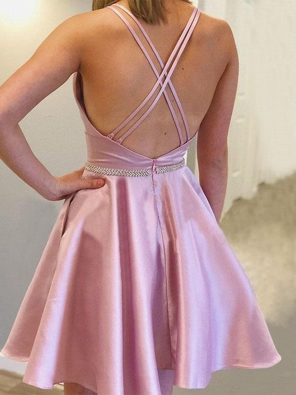 Rhinestone With Satin Sleeveless A-Line/Princess Straps Short/Mini Homecoming Dresses