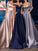 Satin Ruffles A-Line/Princess Sleeveless Off-the-Shoulder Sweep/Brush Train Dresses