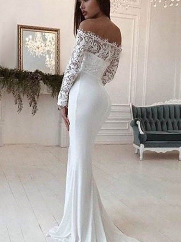 Train Lace Off-the-Shoulder Court Sleeves Long Trumpet/Mermaid Chiffon Wedding Dresses