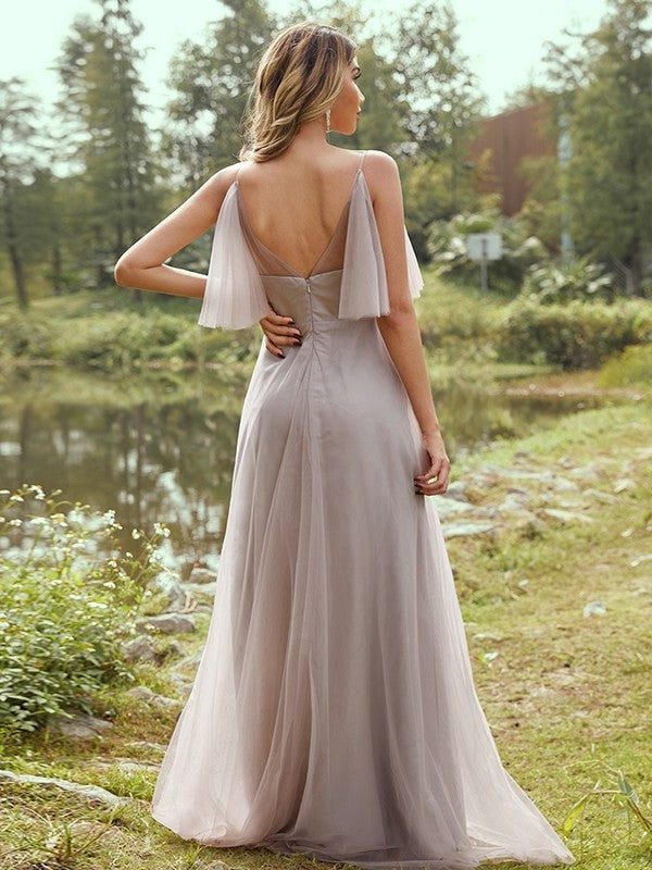 Tulle Ruffles A-Line/Princess V-neck Sleeveless Floor-Length Bridesmaid Dresses