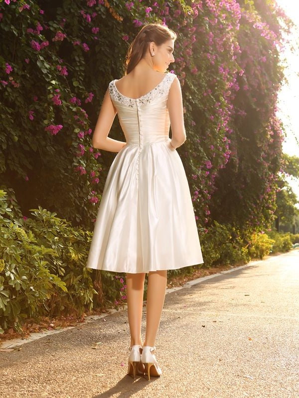 Beading Sleeveless Short V-neck A-Line/Princess Satin Wedding Dresses