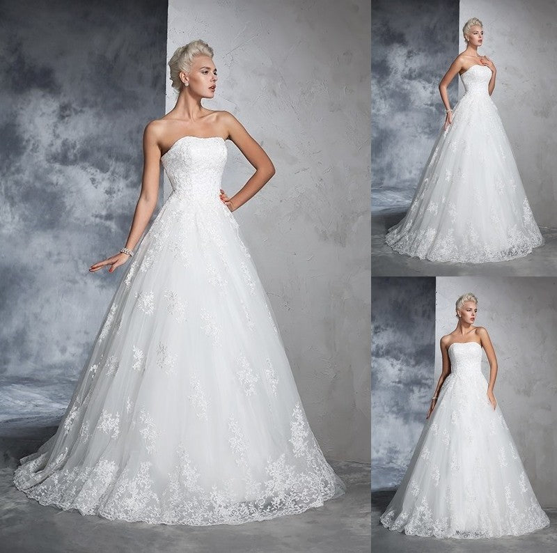 Lace Ball Gown Strapless Sleeveless Long Lace Wedding Dresses