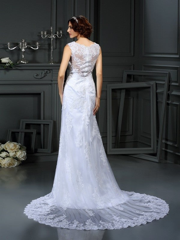 Neck High Long Sheath/Column Sleeveless Lace Lace Wedding Dresses