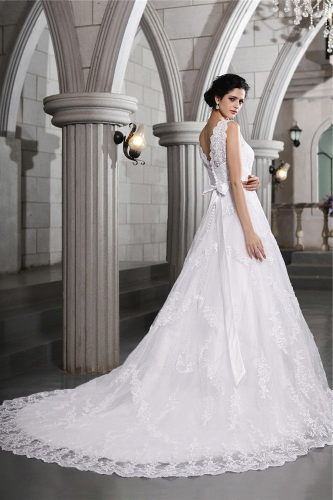 Beading Long V-neck Sleeveless Applique A-Line/Princess Organza Wedding Dresses