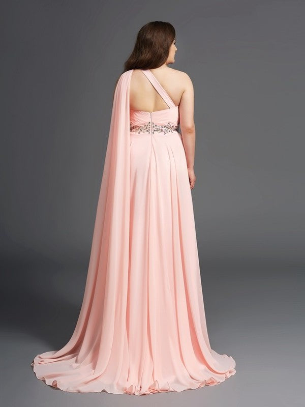 Rhinestone One-Shoulder Chiffon Sleeveless Long A-Line/Princess Plus Size Dresses