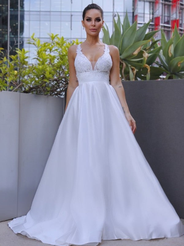 Satin Sleeveless Sweep/Brush Applique A-Line/Princess V-neck Train Wedding Dresses