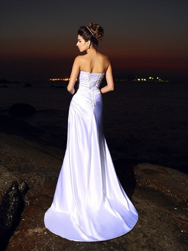 Woven Satin Long Sleeveless Sweetheart Elastic Trumpet/Mermaid Beach Wedding Dresses
