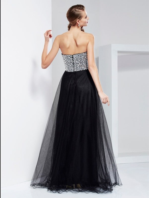 Sleeveless A-Line/Princess Sweetheart Long Beading Elastic Crystal Woven Satin Dresses
