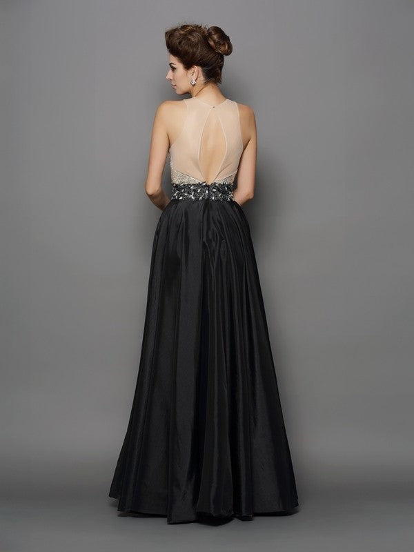 Sequin A-Line/Princess Neck High Sleeveless Long Taffeta Dresses
