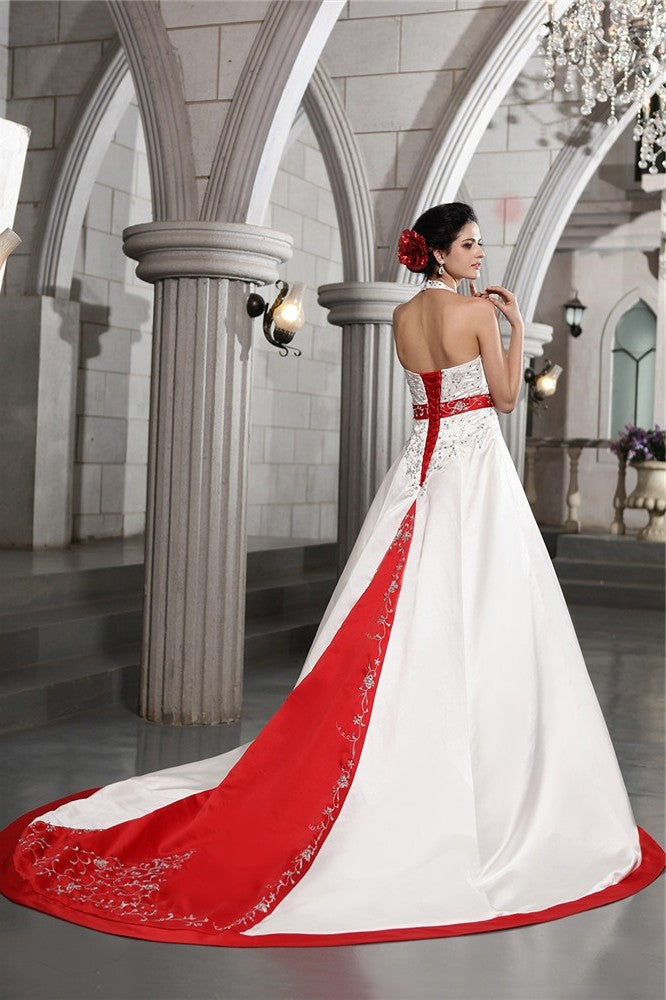 Long Sleeveless Beading A-Line/Princess Embroidery V-neck Satin Wedding Dresses