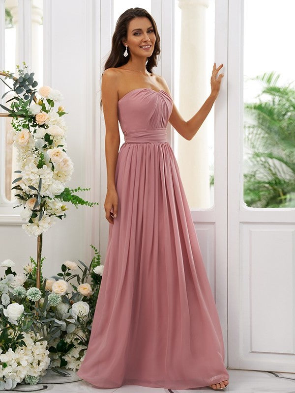 A-Line/Princess Sleeveless Ruffles Chiffon Strapless Floor-Length Bridesmaid Dresses