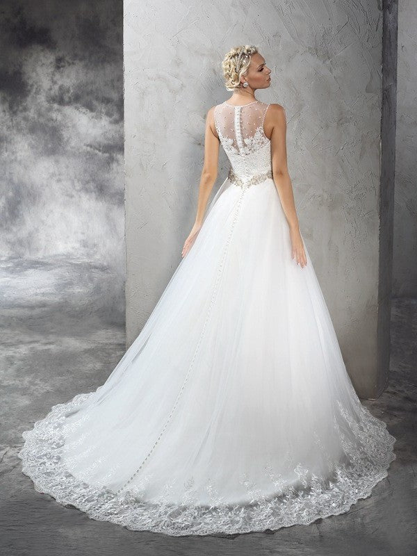 Sleeveless Neck Sheer A-Line/Princess Long Beading Net Wedding Dresses
