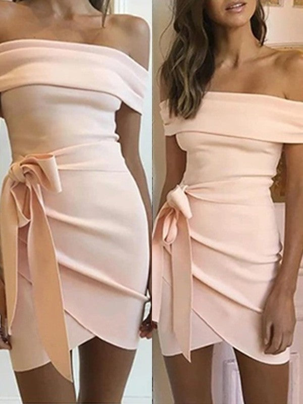 Sheath/Column Stretch Off-the-Shoulder Sleeveless Crepe Sash/Ribbon/Belt Short/Mini Homecoming Dresses