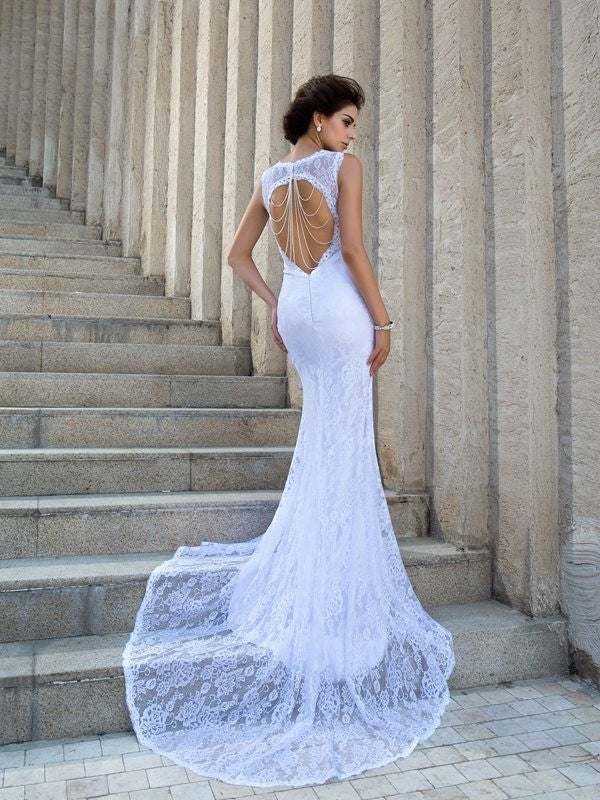 Sleeveless Straps Sheath/Column Lace Long Lace Wedding Dresses