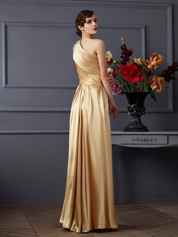 Sleeveless A-Line/Princess Beading Long Elastic One-Shoulder Woven Satin Dresses