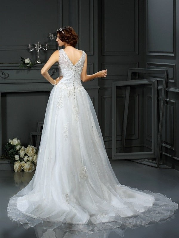 A-Line/Princess Long Sleeveless Scoop Applique Net Wedding Dresses