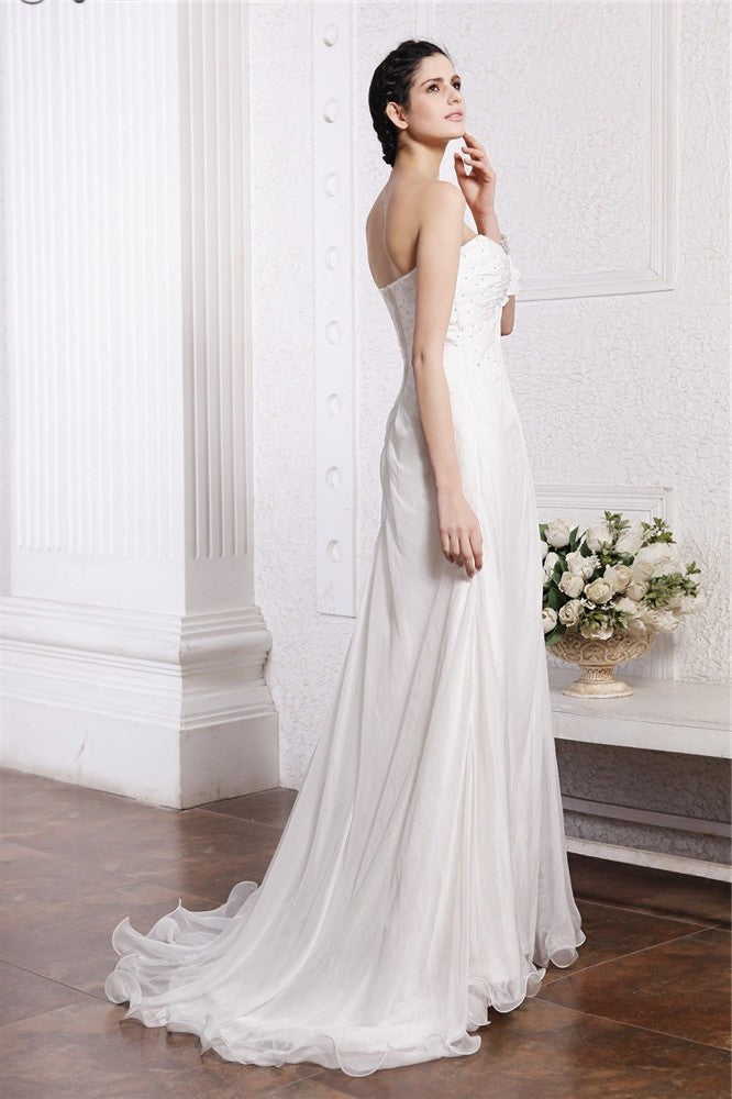 A-Line/Princess Long Hand-Made Sleeveless Strapless Flower Beading Chiffon Wedding Dresses