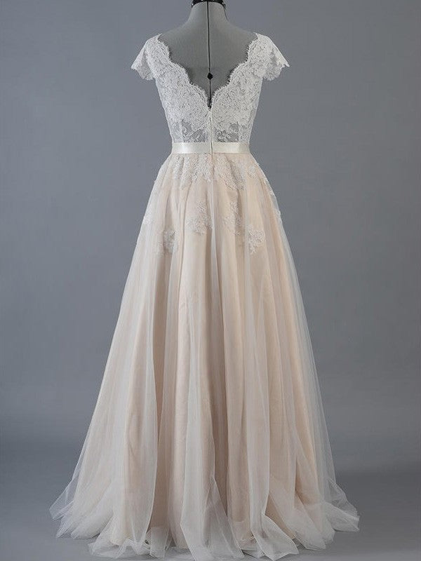Floor-Length Applique Sleeveless V-neck A-Line/Princess Lace Wedding Dresses