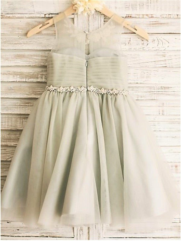 Scoop Sleeveless A-line/Princess Tea-Length Tulle Beading Flower Girl Dresses