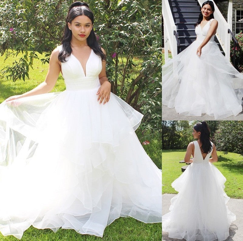Sleeveless Ruffles Gown V-neck Ball Organza Floor-Length Wedding Dresses