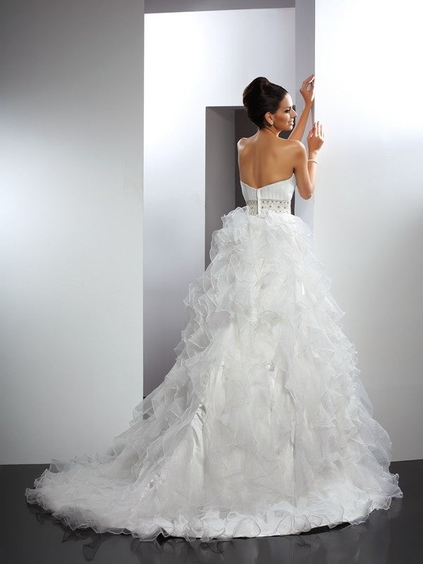 Gown Ruffles Long Sleeveless Ball Sweetheart Organza Wedding Dresses