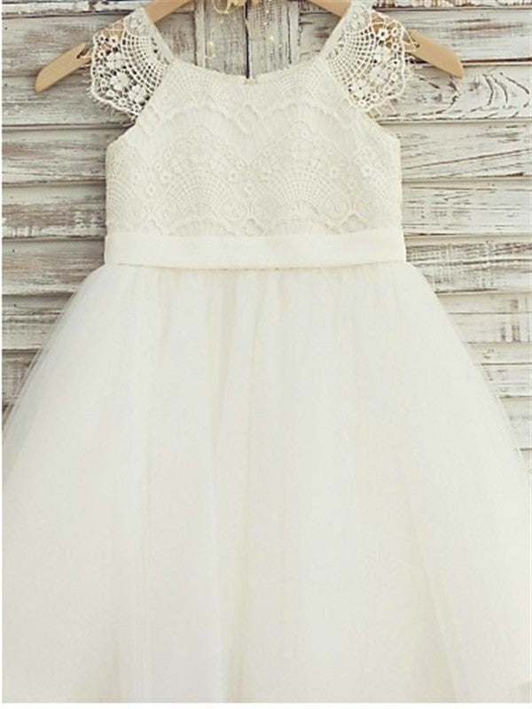 Knee-Length Lace Tulle Sleeveless Scoop A-line/Princess Flower Girl Dresses