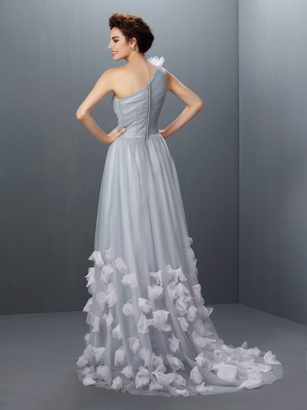 Sleeveless Hand-Made One-Shoulder A-Line/Princess Flower Long Net Dresses