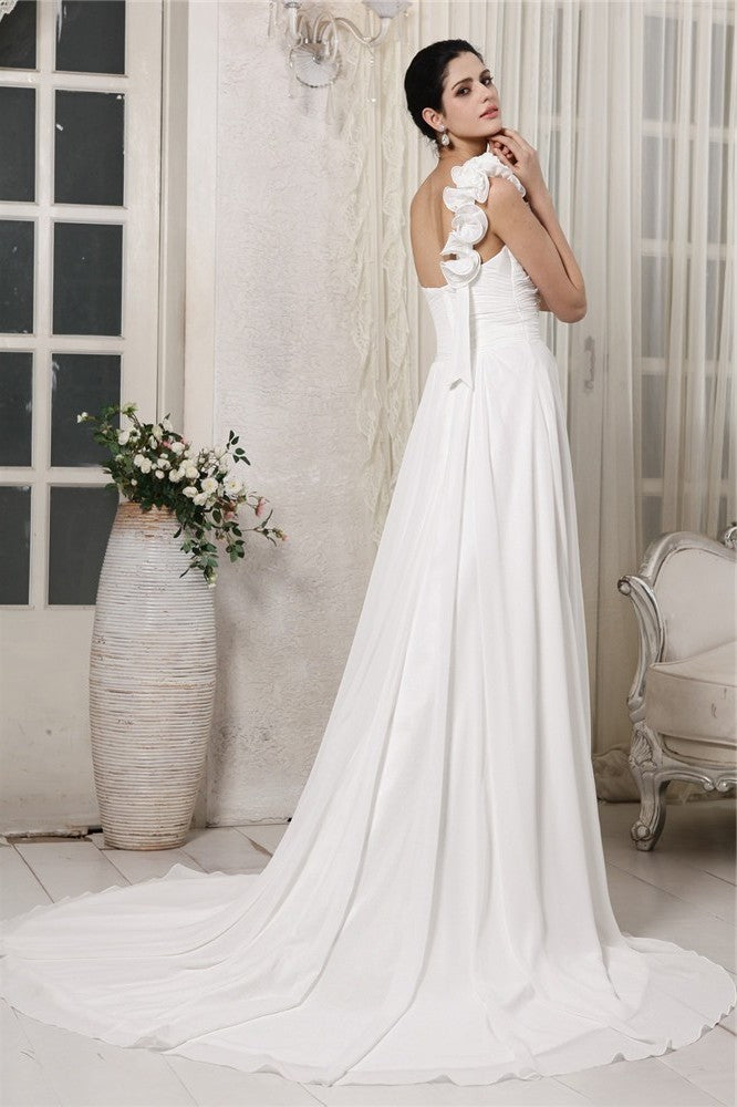 Sheath/Column Sleeveless One-Shoulder Ruffles Long Chiffon Wedding Dresses