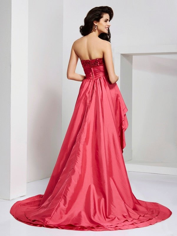 Strapless A-Line/Princess Lace Sleeveless High Low Taffeta Dresses