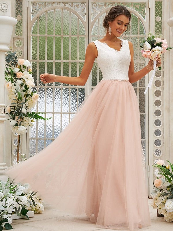 V-neck Tulle Sleeveless Lace A-Line/Princess Floor-Length Bridesmaid Dresses