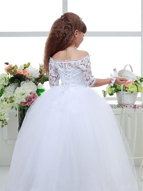 Floor-Length Sleeves Gown 1/2 Off-the-Shoulder Lace Tulle Ball Flower Girl Dresses