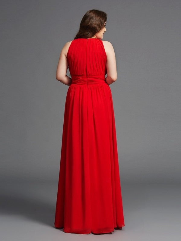 Jewel Chiffon Long A-Line/Princess Sleeveless Ruched Plus Size Dresses