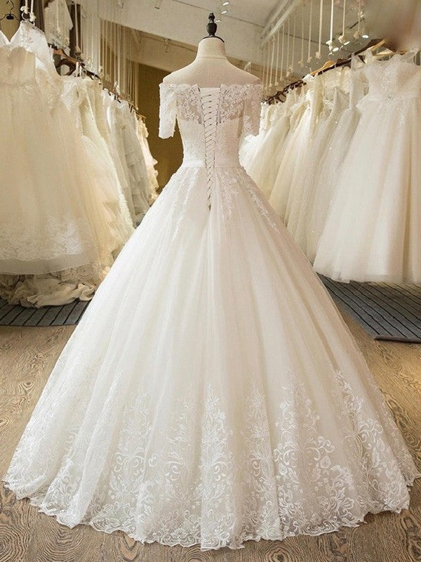Gown Lace Ball 1/2 Floor-Length Off-the-Shoulder Sleeves Applique Tulle Wedding Dresses