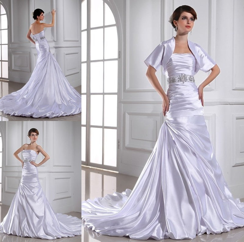 Woven Applique Strapless Trumpet/Mermaid Elastic Sleeveless Beading Satin Wedding Dresses