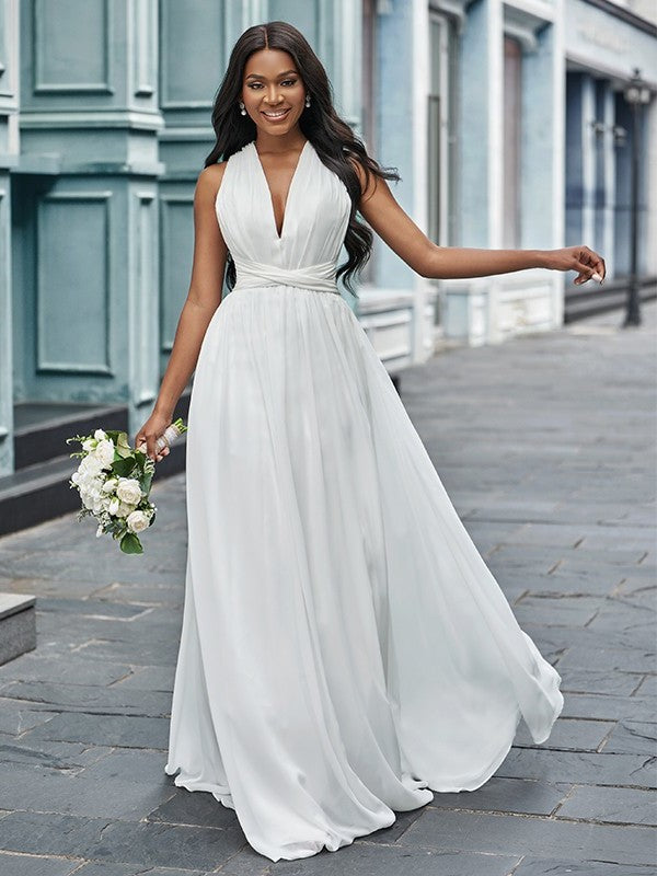 Ruched Chiffon A-Line/Princess Sleeveless Halter Floor-Length Wedding Dresses